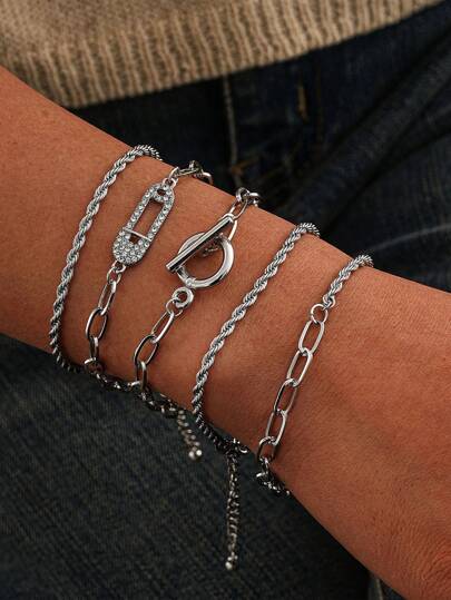 5pcs Set Fashionable Diamond And Twist Chain Decor Brooch Bracelet Combination, Versatile Stack Design Bracelet Set, Gift Choice