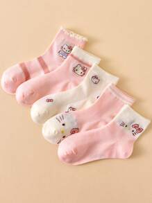 Sanrio 5 pares de calcetines de bebé de Hello Kitty, calcetines infantiles rosas de dibujos animados y adorables, calcetines para el hogar, adecuados para todas las estaciones