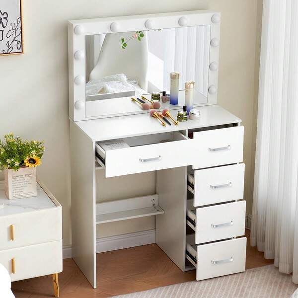 INS Style Cream White Scandinavian Luxurious Solid Wood LED Make-Up Mirror Table | One Piece Workstation + Large Drawer Storage | Girly Princess Make-Up Area | In Stock | Fast Delivery
