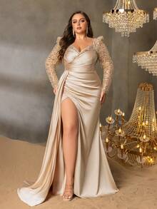 Faeriesty Plus-Size Sweetheart Neckline Formal Gown With Sheer Sleeves, Draped Side Detail, And Cascading Train, Party Dress, Wedding Guest Dress, Evening Dress - Champagne - View 4