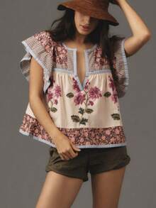 Women Y2K Floral Patchwork Fly Sleeve T Shirts V Neck Loose Fit Striped Trim Vest Shirts Summer Casual Going Out Tank Tops Party Streetwear - 彩色 - 查看 4