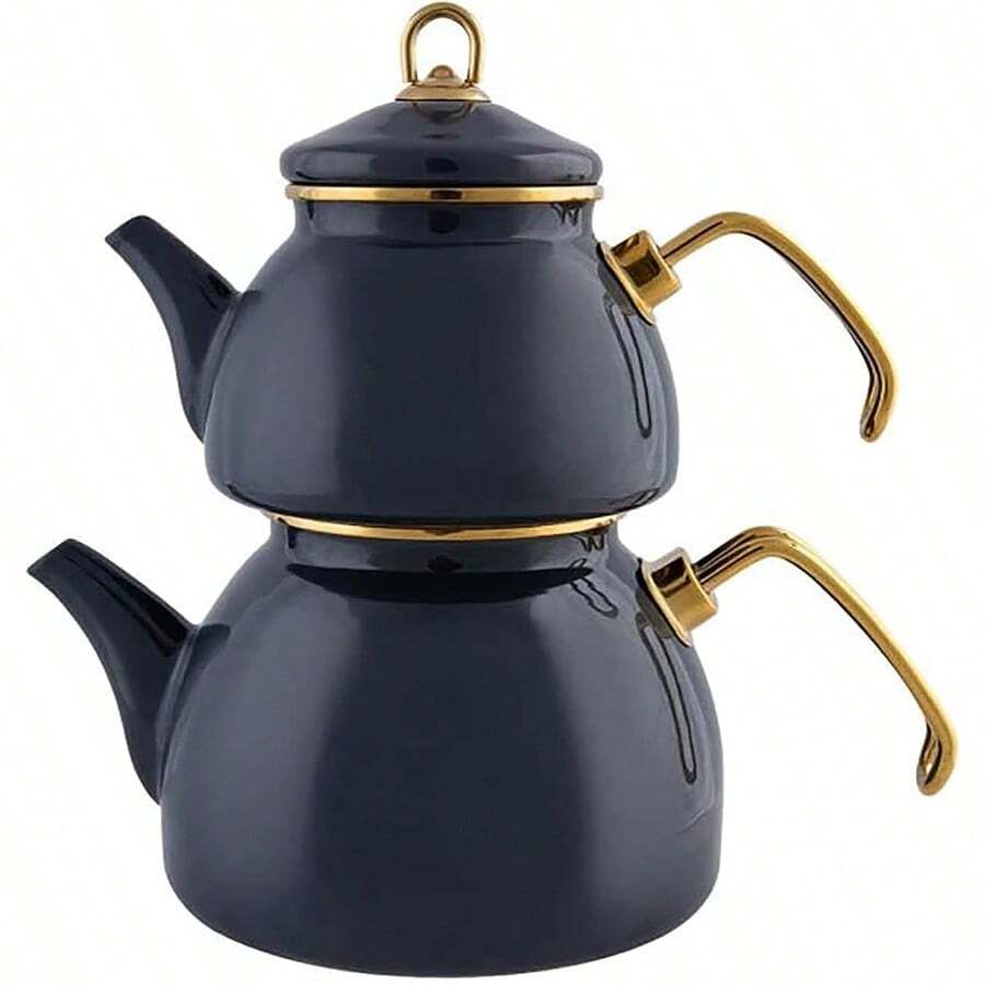 Envío local - Juego de tetera Karaca Retro en color crema, de esmalte, con tetera/tapa (1.1 Lt, 2.4 Lb), hervidor de té (2.3 Lt, 5 Lb), con asas recubiertas de titanio, apto para inducción - Antracita - Ver 1