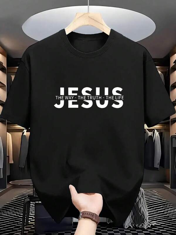 Plus Size Men's "JESUS" Letter Print Round Neck Short Sleeve Casual T-Shirt, Summer