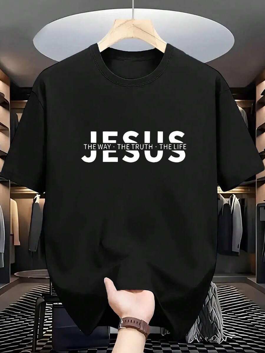 Plus Size Men's "JESUS" Letter Print Round Neck Short Sleeve Casual T-Shirt, Summer - Black - View 1