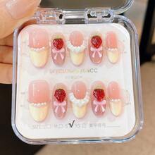 10片/套 手工短款按压式美甲贴片，夏季海滩风假指甲，时尚长椭圆形、草莓形、杏仁形、法式美甲，可重复使用，适合教师、学生、办公室、旅行、优雅商务休闲美甲用品 手工按压式美甲贴片 - 彩色 - 查看 11