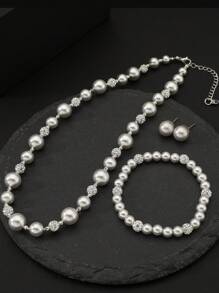 1 Set Silver Bright Pearl Zirconia Ball Necklace + 1 Pearl Bracelet + 1 Ring, High Quality Jewelry Gift Set, Suitable For Special Occasions