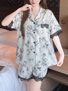 两件套女士蕾丝领蕾丝拼接撞色短袖上衣和短裤睡衣套装，适合春夏穿着 - 黑與白 - 查看 4