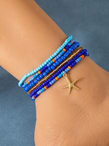Set da 6 cavigliere stile boemico da spiaggia, stile vacanza, multicolore, perline, cavigliere in lega con pendente a forma di stella marina (fatto a mano, quantità e colori delle perline casuali)
