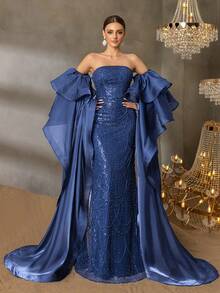 Faeriesty 奢华无肩带串珠晚礼服，飘逸披肩袖，闪耀动人，适合盛大晚宴、首映礼、婚礼等场合，尽显优雅气质。 - 藏蓝色 - 查看 5
