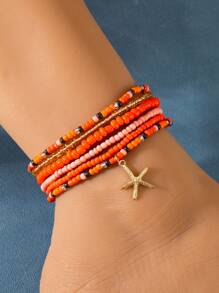 Set da 6 cavigliere stile boemico da spiaggia, stile vacanza, multicolore, perline, cavigliere in lega con pendente a forma di stella marina (fatto a mano, quantità e colori delle perline casuali)