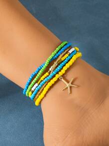 Set da 6 cavigliere stile boemico da spiaggia, stile vacanza, multicolore, perline, cavigliere in lega con pendente a forma di stella marina (fatto a mano, quantità e colori delle perline casuali)