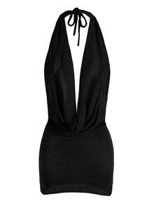 Black Sexy Stacked V Neck Backless Knit Mini Dress 2025 Women Summer Sleeveless Beach Cover Up Vacation Outfit - 黑色 - 查看 4