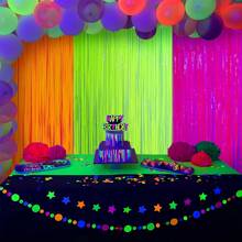 Glow In The Dark Party Supplies, 3Pcs Neon Party Decorations 9.9 X 6.6 Ft Fluorescent Macaron Orange, Yellow And Fuchsia Tinsel Foil Fringe Curtains, Glow Photo Booth Prop Backdrop Streamer