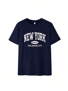 Women's Summer Letter Print Loose Casual T-Shirt, Daily Casual Fashion Versatile. Graphic Tee, Vacation - Màu xanh đậm - Xem 3