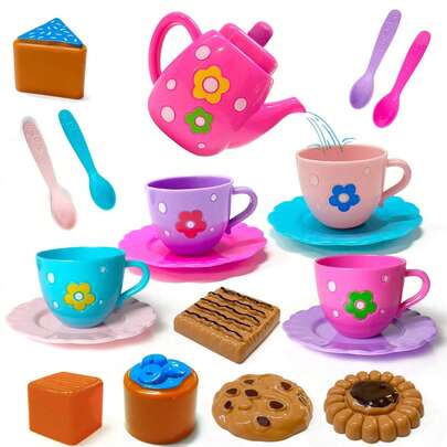 19 件小型便携式儿童茶会玩具套装：逼真的茶具、水壶和甜点，非常适合男孩和女孩的角色扮演游戏，是返校、圣诞节和生日的贴心礼物