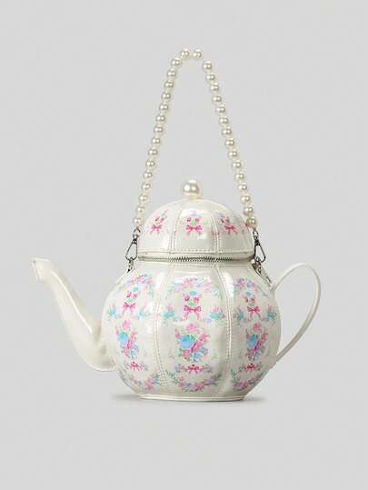 Creative Printed Teapot Design Women Handbags Pearls Chains Shoulder Bag Designer Luxury Crossbody Bag Small Buckets Bag