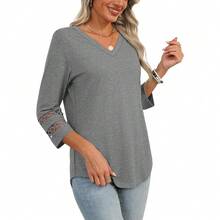 XIEERDUO 3/4 Length Sleeve Womens Tops Dressy Casual Blouses For Women 2025  V Neck T Shirts Summer Clothes - 灰色 - 查看 4