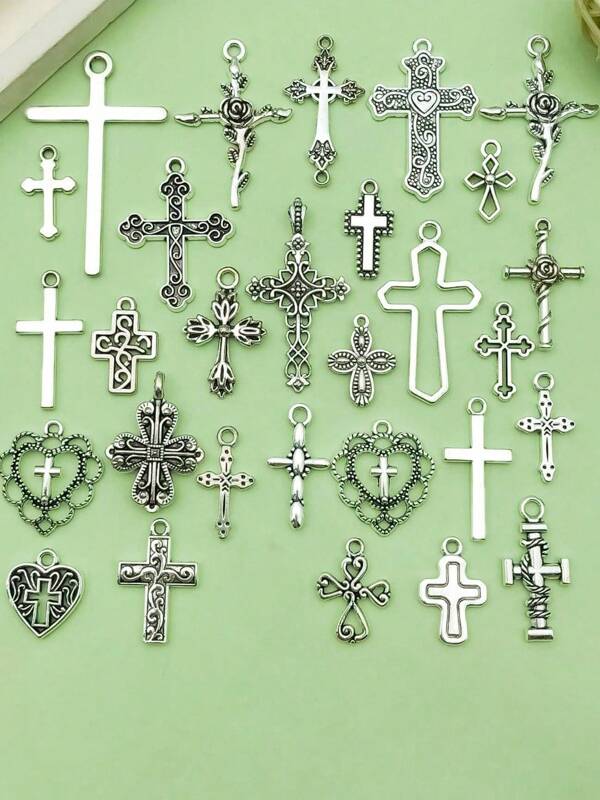 29pcs Mixed Bulk Antique Silver Holy Religious Cross Pendant Vintage Alloy Cross Charms For DIY Jewelry Making Accessories(The Style Is Random)