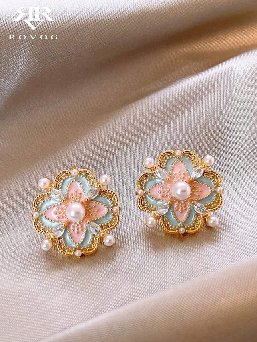 1 Cặp hoa tai thiết kế hoa tráng men sang trọng thanh lịch kiểu Pháp cổ điển, phong cách độc đáo dành cho phụ nữ, thích hợp để đeo hàng ngày, khiêu vũ, hẹn hò, tiệc tùng