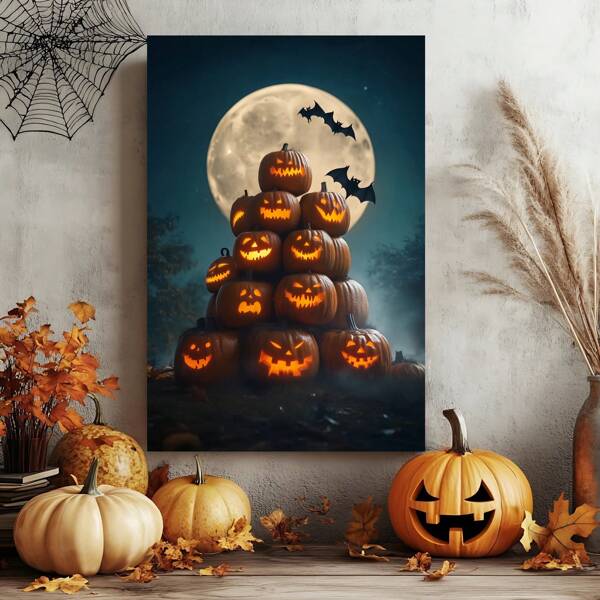 1 Piece, Halloween Pumpkin Pile With Different Expressions, Background With Moon And Bats, Retro Frameless Art Decoration Painting, Printed Poster Mural, Waterproof Canvas, Suitable For Home, Office, Bedroom, Living Room, Study, Bathroom, Bar, Mural And Home Decoration, Is An Ideal Holiday Gift