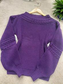 Steve Store Women's Fashion Knitted Long Sleeve Blouse With Braid Autumn And Winter Fashion - roxo - 查看 3