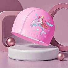 1pc Waterproof Mermaid Design Pink PU Swimming Cap For Swimming, Diving, And Beach