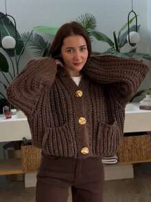 GDDYIN Áo khoác dệt kim màu trơn có túi cài nút cho nữ vào mùa thu - Màu nâu  Mocha - Xem 5