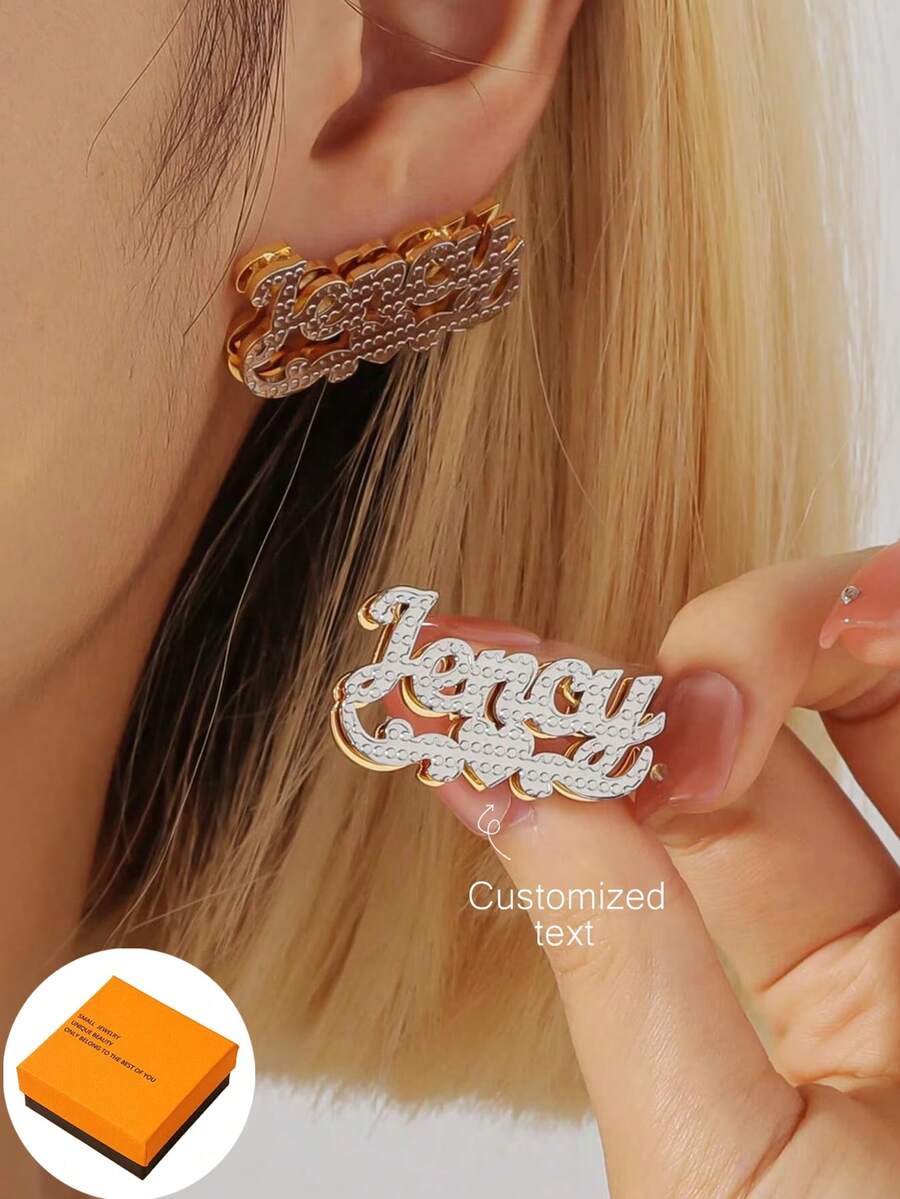 1 Pair Customized Double-Layer Welded Women's Name Earrings, Stainless Steel Personalized Heart Pendant, Customizable Name, Minimalist Daily Style, Keychain, Includes Gift Box, Suitable For Valentine's Day, Birthday, Mother's Day, Everyday Gift - Earring Style 2 - View 1