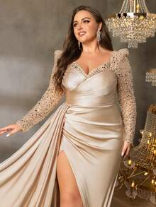 Faeriesty Plus-Size Sweetheart Neckline Formal Gown With Sheer Sleeves, Draped Side Detail, And Cascading Train, Party Dress, Wedding Guest Dress, Evening Dress - Champagne - View 7