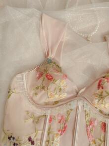 EZNV 1pc Lace Embroidery Fishbone Strap Backless Breathable Crop Corset Tank Top - Apricot - View 7