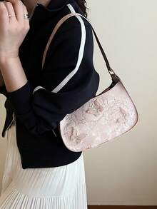 Women's Lace Crescent Moon Shoulder Bag With Butterfly Design, Armpit Bag - Baby Pink - View 7