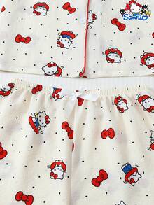 Sanrio 3件套女士春夏迷你波点三丽鸥Hello Kitty Polo领短袖纽扣口袋上衣和蝴蝶结裤子/短裤睡衣套装，适合居家穿着，秋冬服装