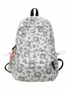 花卉印花防水侧抽绳多口袋实用背包，学院风学生书包，配有心形编织吊坠，适合学校、学习、街头、旅行，花卉图案随机印花