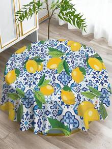 1 pieza Mantel rectangular/redondo moderno de poliéster a prueba de agua con estampado de limón y flores azules, apto para sala de estar, mesa de comedor al aire libre, mesa redonda pequeña, con impresión digital - Multicolor - Ver 16