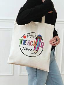 1pc Customized Name Canvas Tote Bag, Can Customize Name Or Text, Large Capacity Canvas Handbag Shoulder Bag, Personalized Tote Bag, Foldable, Large Capacity Or Lightweight, Canvas Shopping Bag, Student Handbag, Fashion Versatile, Teacher's Day Gift, Suitable For Women, Backpack/College Backpack, Travel Accessory, Teacher's Day Gift, Birthday Gift - Multicolor - View 4