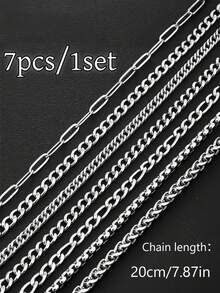 7pcs/Set Men's Stainless Steel Simple Fashionable Chain Bracelets, Suitable For Daily Wear - Silver - View 4