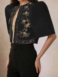 Modern Philippine Style Philippine Pattern Vintage Print Puff Sleeve Blouse, Spring/Summer - Black - View 4