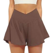 FireSwan Crossover Athletic Shorts For Women 2 In 1 Flowy Running Shorts With Pockets Spandex Butterfly Workout Tennis Skorts - Brown - View 1