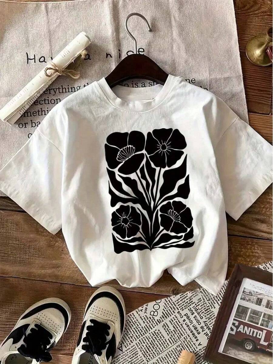 Teen Girl Summer Clothes Summer Tops Y2K Style, Black Floral Print Short Sleeve T-Shirt, Teen Shirts Girls Shirts, Round Neck Breathable Fabric, Teen Girl Outfits Sweet Teen Girl Gifts - 白色 - 查看 1