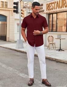 Men's Stretch Dress Shirts Short Sleeve Wrinkle Free Casual Button Down Shirts-20256688 - Burgundy - View 10