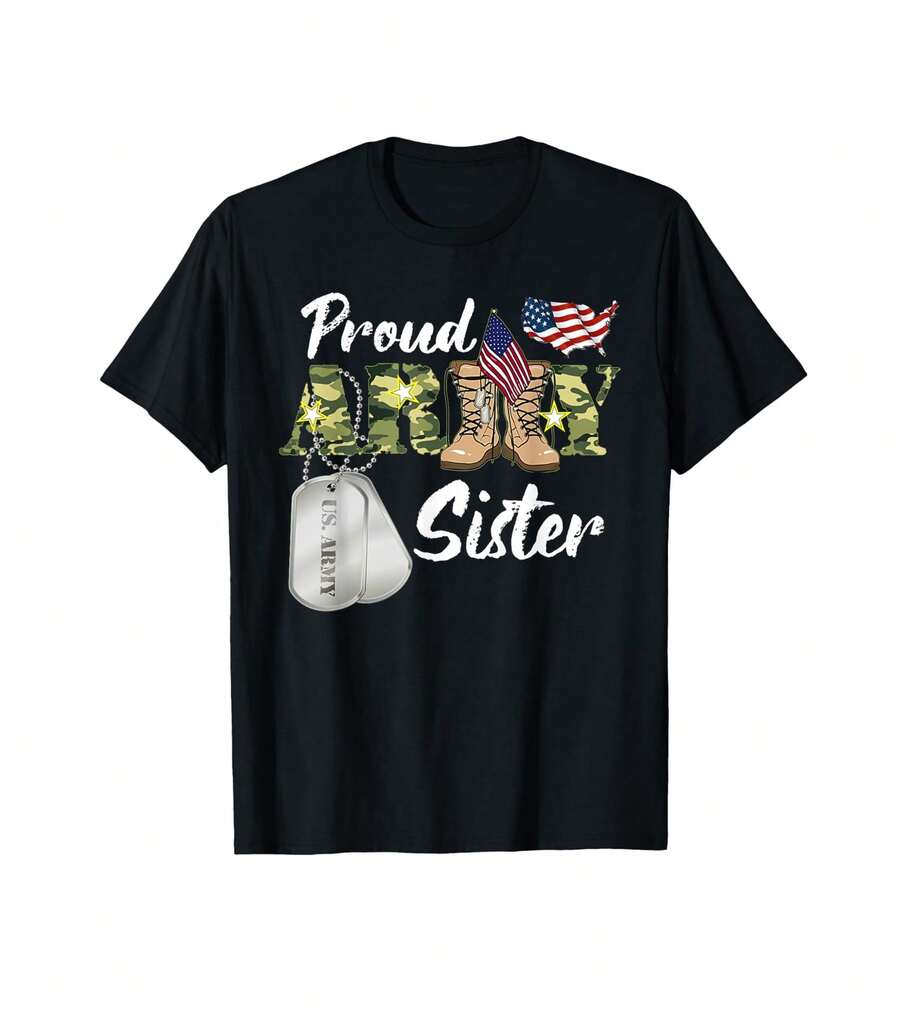 Proud Army Sister Military Sister With Dog Tag Us Flag T-Shirt Men Shirts Gift For Travelers