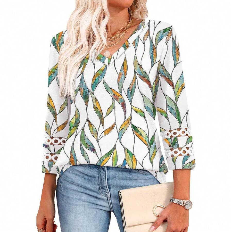 XIEERDUO 3/4 Length Sleeve Womens Tops Dressy Casual Blouses For Women 2025  V Neck T Shirts Summer Clothes - Z 彩葉 - 查看 1