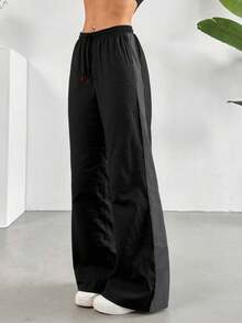 Women'S Sports Pants, Casual Straight Leg Pants, Drawstring Elastic Waist Trousers, Suitable For Autumn And Winter Sports & Leisure Tights - Black - View 2