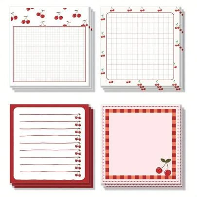 4PC Cherry-Themed Sticky Sticky Pad For School, Office, Home - The Perfect Gift For Students, Teachers