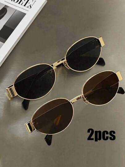 2pcs Retro Bohemian Metal Oval Unisex Fashion Glasses, High-End Fashion Street Style Decorative Glasses