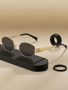 1 件椭圆形金属框时尚眼镜，时尚独立风格眼镜，适合日常通勤、海滩、街头摄影，适合夏季海滩度假、户外、旅行 - 金框灰片 - 查看 4