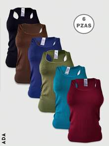 Kit de 6 camisetas de tirante ancho, multicolor, casuales para mujer, tela de poliéster y elastano; el color puede variar; te llegarán 6 camisetas en colores al azar. - Colores Oscuros 6P - Ver 1