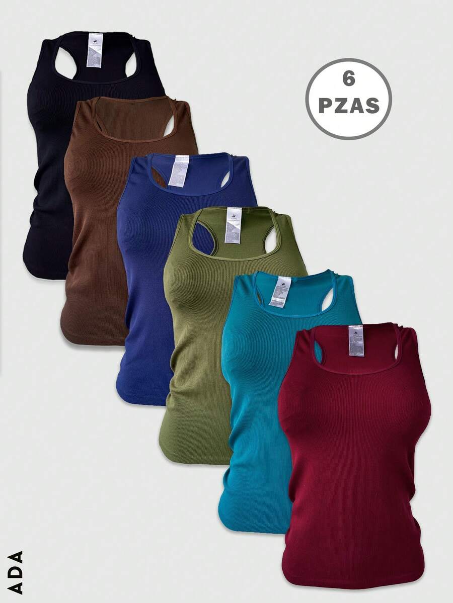 Kit de 6 camisetas de tirante ancho, multicolor, casuales para mujer, tela de poliéster y elastano; el color puede variar; te llegarán 6 camisetas en colores al azar. - Colores Oscuros 6P - Ver 1