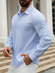 Plus Size Men's Casual Simple Fashion Striped Long Sleeve Button Down Collar Shirt, Comfortable Outfit For Spring And Autumn, Essential Casual Commuting Wear, Minimalist Style Top