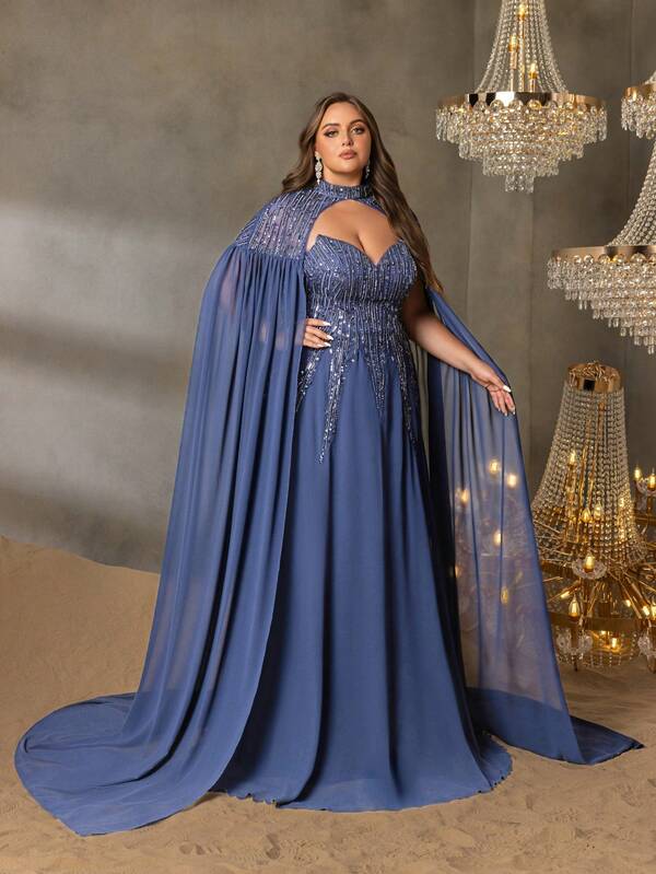 Faeriesty Haute Glamour Plus Elegancka, bardzo długa sukienka z wyciętym przodem i ozdobnymi kwiatami z koralików w stylu kolumnowym, formalna sukienka na imprezę i wspaniała, elegancka suknia wieczorowa